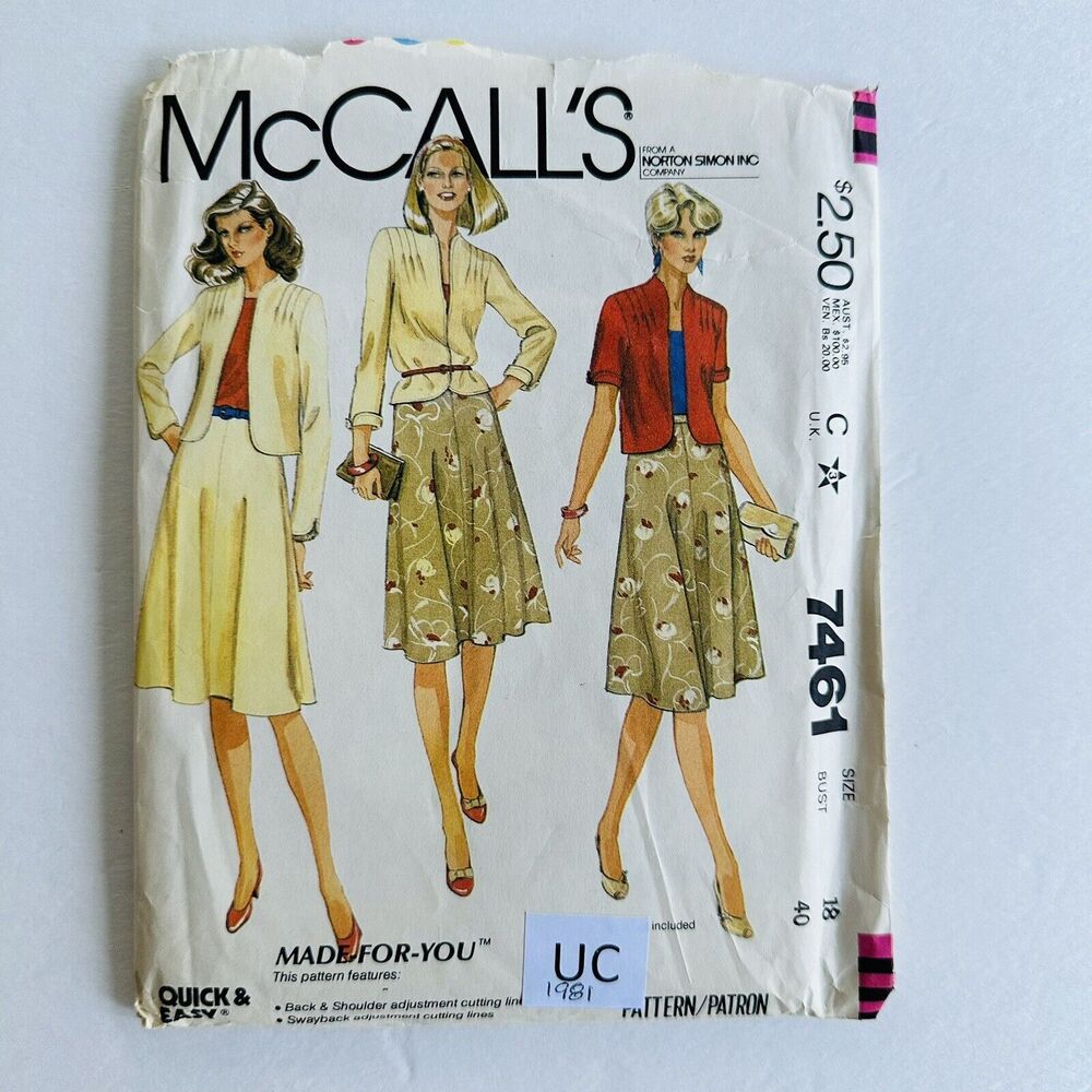 McCalls Pattern 7461 Flared Skirt Open Front Jacket Womens Plus Size 16 Bust 40